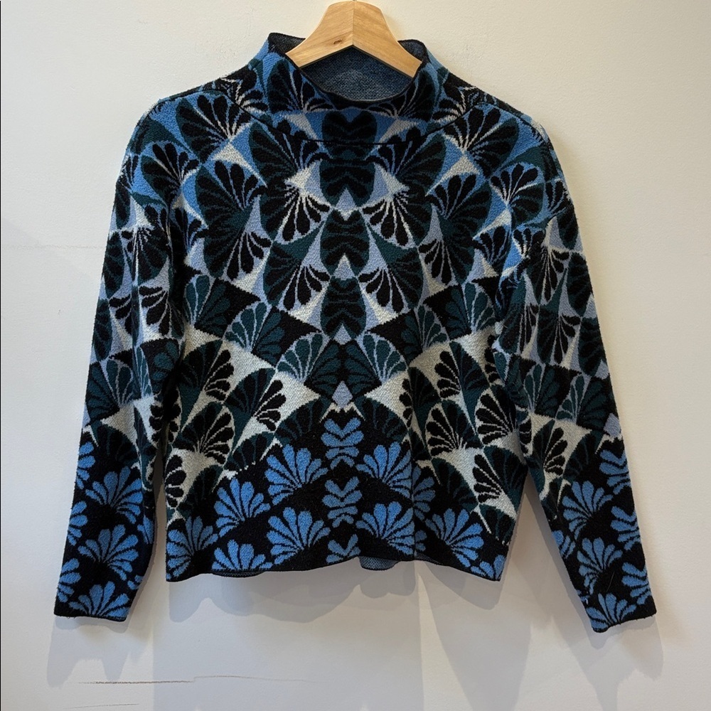 Maeve Anthropologie Carys Mock Neck Sweater cropped Pullover blue white Small S - Picture 4 of 8